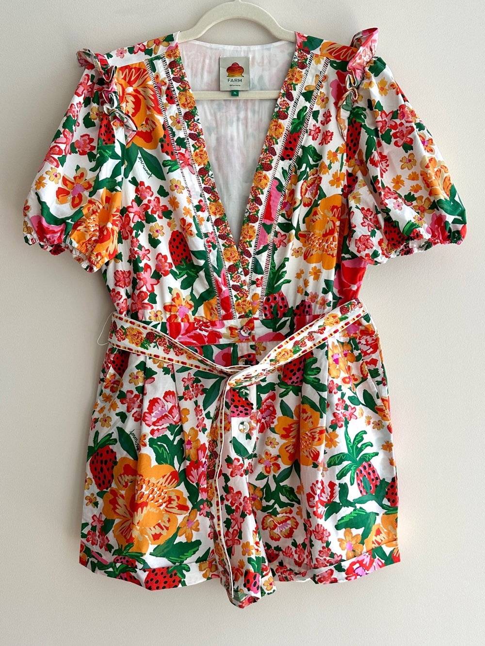 Farm Rio Flowerful Sketch Romper, Size XL, Summer Strawberry Print - Picture 5 of 16